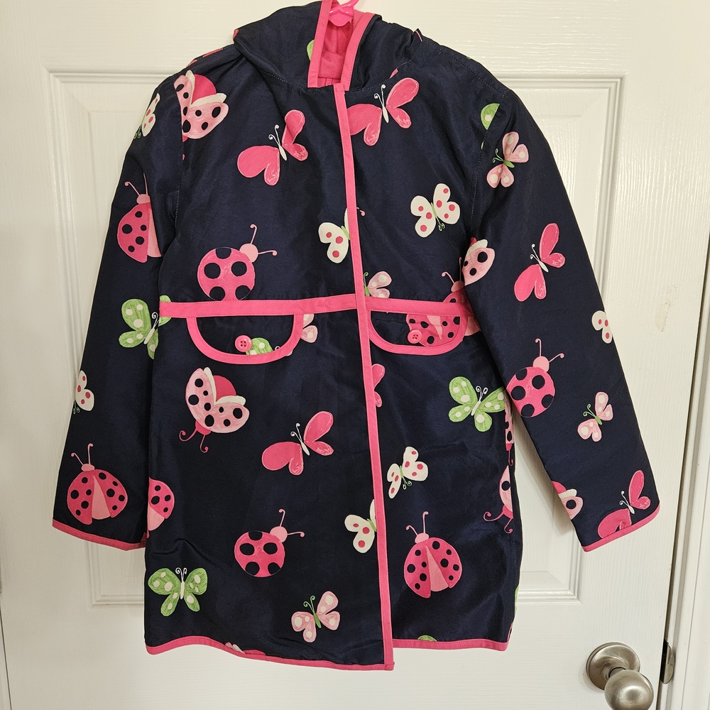 Gymboree Navy Raincoat with Pink Butterflies, Ladybugs & Green Accents